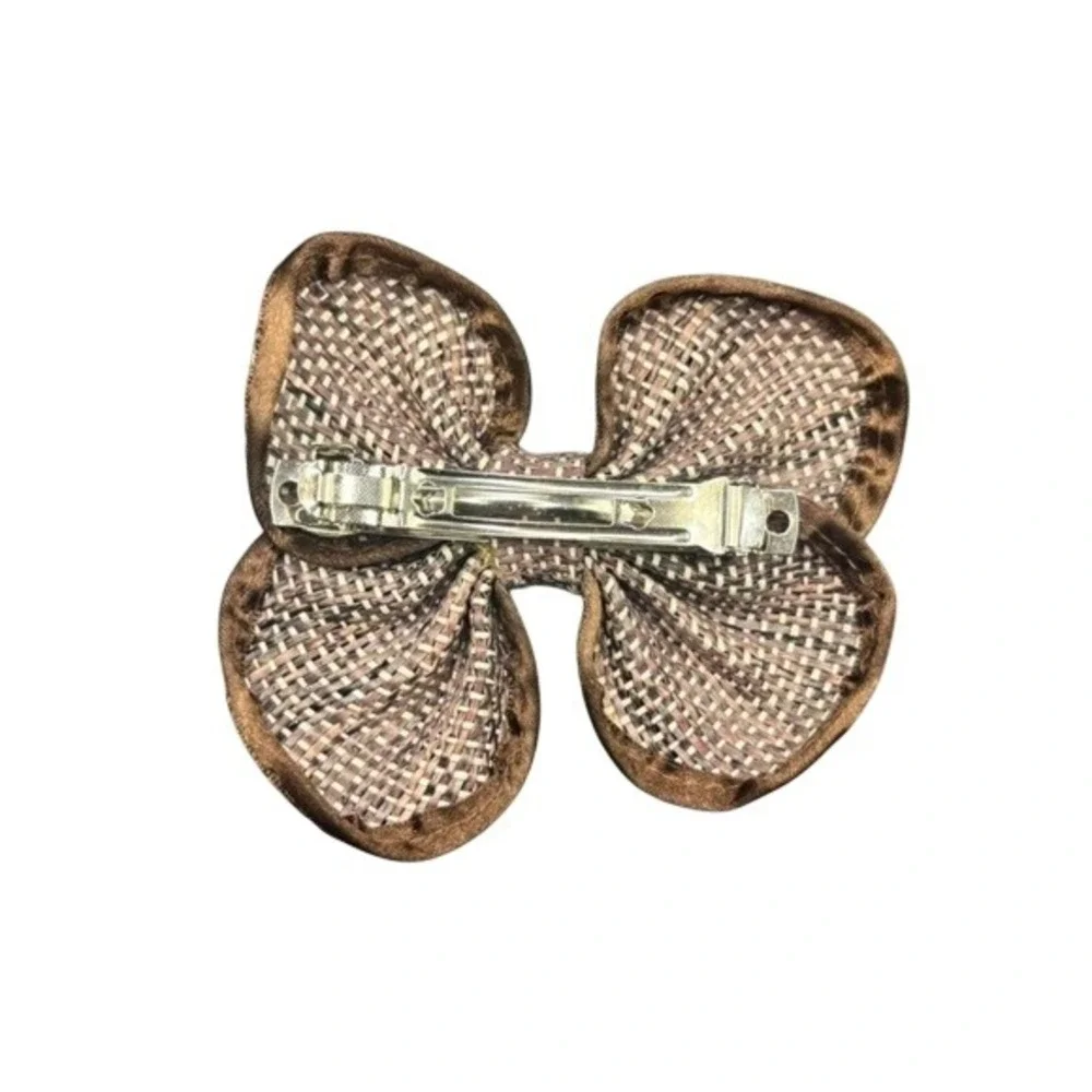 Vintage Brown White Woven Burlap Style Texture‎ Double-loop Bow Hair Barrette